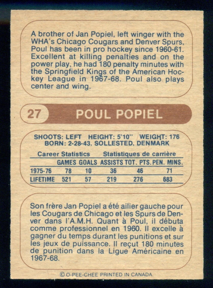 1976-77 OPC O PEE CHEE WHA Hockey #27 Poul Popiel NM-MINT HOUSTON AEROS Card - Image 2 of 2