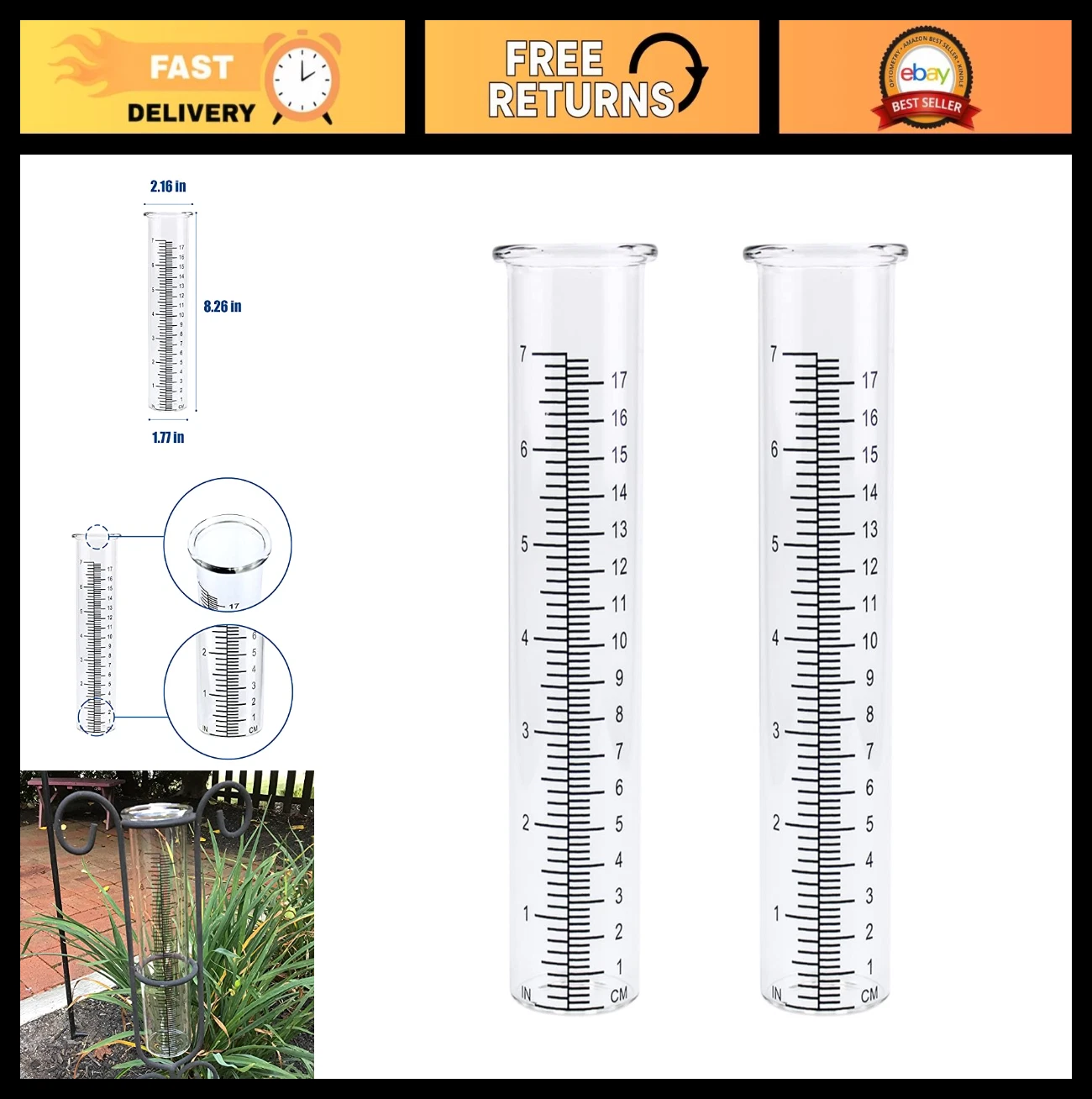 "2 Pack 7" Rain Gauge Glass Replacement Tube for Outdoor Garden Yard Use"
