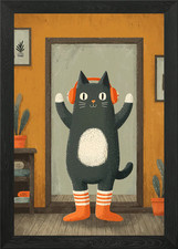 Dancing Cat with Headphones Framed Wall Art Poster Canvas Print Picture