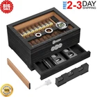 Cedar Wood Cigar Humidor Glass Top Desktop Box Digital Hygrometer Humidifier