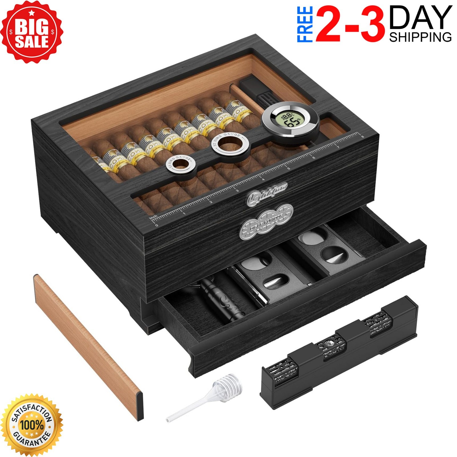 Cedar Wood Cigar Humidor Glass Top Desktop Box Digital Hygrometer Humidifier