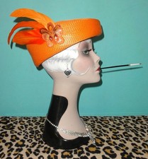 Vintage Orange Pillbox Hat w/ Feathers Sequins Butterfly Kentucky Derby church