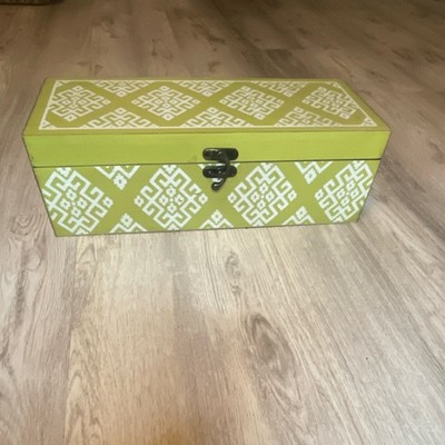 Green & White Geometric Lidded Wooden Decorative Storage Box, Small 10x5 in
