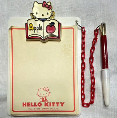 Sanrio Hello Kitty 1976 Notepad Set w/ Pen & Chain, Mini Memo Pad Board, Apple