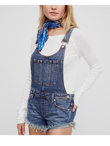 Free People Summer Babe Distressed Denim Short Overalls