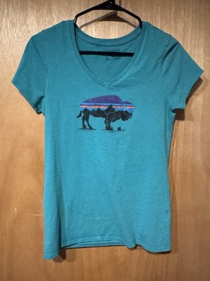 Patagonia Women's Fitz Roy Bison Cotton/Poly V-Neck T-Shirt teal blue women XS