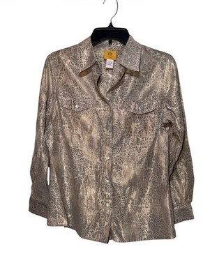 Ruby Rd Petite Blouse 12P Gold Leopard Button Down Shirt