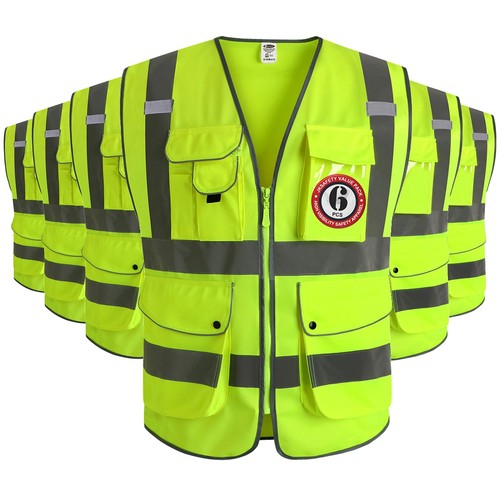 9 Pockets Class 2 High Visibility Zipper Front 6 Pack Safety Vest With ...