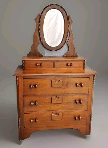 Antique 1880 Victorian Walnut Five Drawer Dresser w. Mirror & Carved Spool Pulls