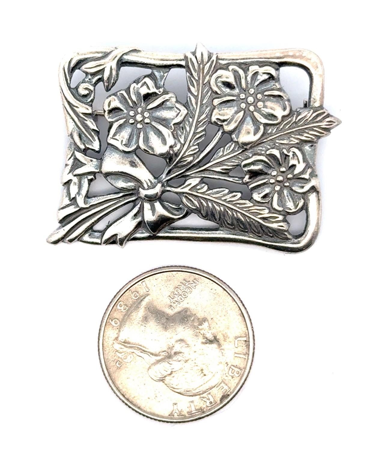 .925 Sterling Silver Rectangular Floral Brooch, 1… - image 2