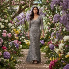 Newport News Crochet Midi Dress Gray A-Line Silver Sequin 3/4 Sleeve Lined Sz L