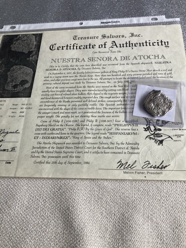 Nuestra Senora de Atocha Shipwreck Silver Coin 8 Reales Grade 3 Mel Fisher COA