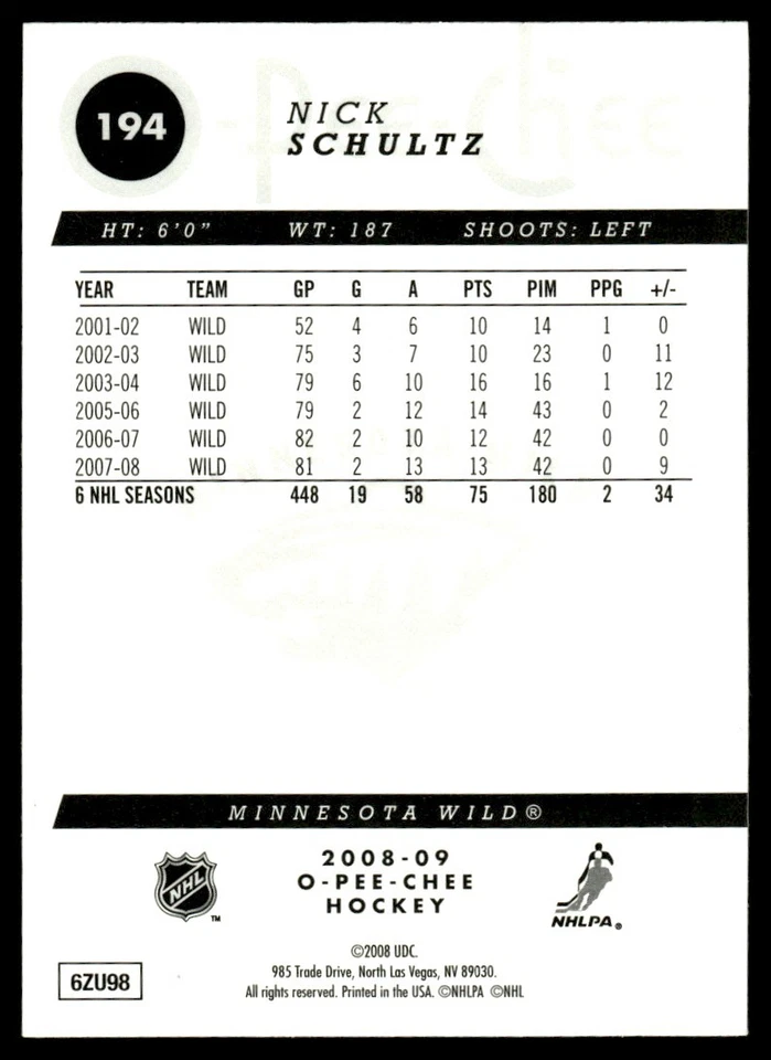 2008-09 O-Pee-Chee Gold Nick Schultz Minnesota Wild #194 - Image 2 of 2