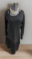Calvin Klein Dress Size XL Or 12 Sheath Sweater Dress Cocktail Party Fringe Gray