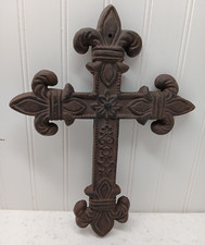 Cast Iron Cross Rustic Wall Hanging Decor 12" x 9" Heavy Fleur De Lis Christian