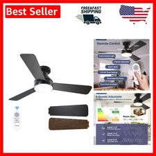 Reversible Black Flush Mount Ceiling Fan with Remote, Dimmable Light & 6 Speeds