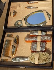 vintage Celluloid VANITY SET Hairbrush, Mirror, Comb, Nail buff, Trinket Boxes