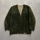 Vintage Corduroy Blazer Jacket Medium Green 1970s Plaid Lined Collarless V-Neck