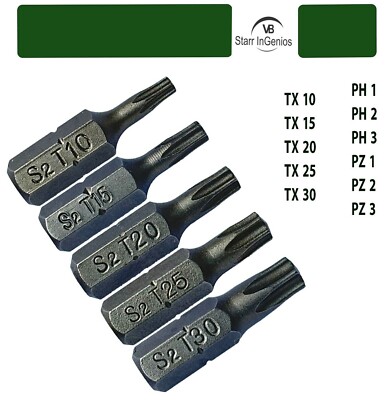 TX Bit for TORX  Screws 1/4'' 25mm BitsT10 T15 T20 T25 T30 PZ1 PZ2 PH1 PH2