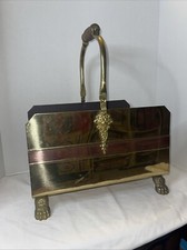 Porte-bûches bois de chauffage pied lion laiton cuivre métal, magazine Hollywood Regency 