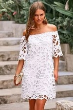 Pretty Garden Women's Off Shoulder Floral Lace Mini Dress White Medium NWOT