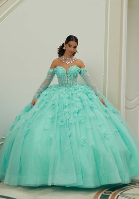 3D Flower Quinceanera Dresses Ball Gown Off-Shoulder Applique Crystal Birthday 