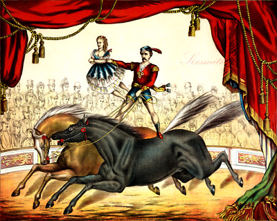 RIDING TWO CIRCUS HORSES Circus Art  8''x10'' Giclee Print