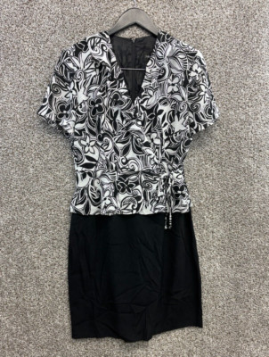 John Roberts Vintage Blouson Dress Black/White Wrap Top V-Neck Women's Size 6