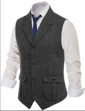 Men's Tweed Lapel Vintage Cowboy Herringbone Groom Waistcoat Business Vest 4001