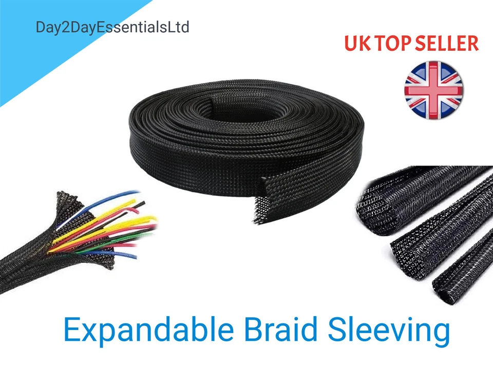 DAY2DAYESSENTIALSLTD Expandable Sleeving Black Braided Cable Tidy Flexible Wire Polyester 1m 2m 5m10m