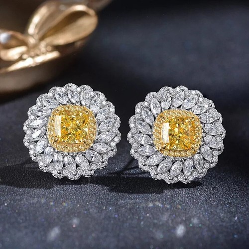 2Ct Cushion Cut Lab Created Citrine Women's Stud Earrings 14K White Gold Finish - Picture 3 of 5