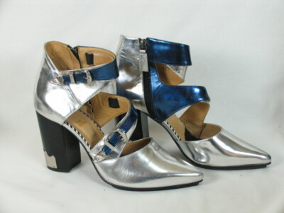 Toga Pulla Silver & Metallic Blue Buckle Ankle Heels Shoes Size 40 (9-9.5)