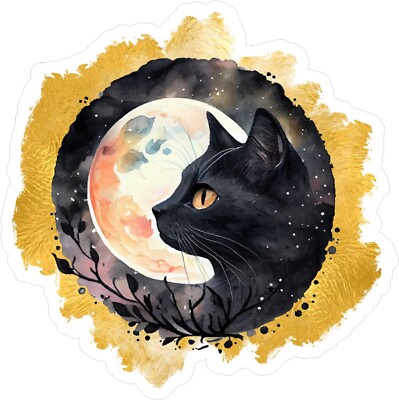 Black Cat with Gold Brush Accents Unique Decal Cute Laptop sticker 6''x6''
