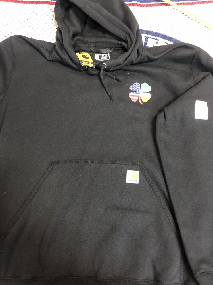 Brand New Carhartt Black Hoodie with Embroidered Shamrock & Irish-American Flag Size Large