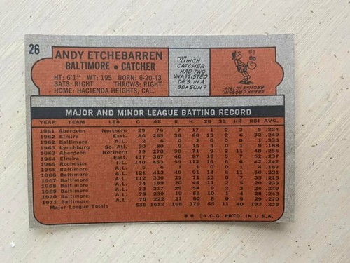 1972 Topps # 26 Andy Etchebarren Card Baltimore Orioles FREE SHIPPING - Picture 2 of 2