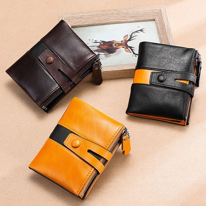 Men's Minimalist Genuine Leather Bifold Wallet | RFID Blocking With Zipper Coin Pocket & Card Slots (Coffee Brown)