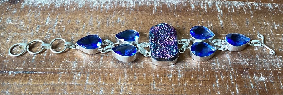 "Hermoso brazalete de plata esterlina de vidrio azul druzy de titanio arco iris púrpura - 7""" Foto 4 de 4