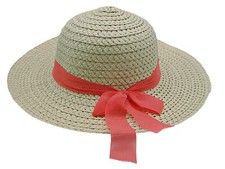 Straw Garden Hat Wide Brim Pink Ribbon Bow Band Sun Hat Beach Church Event Derby