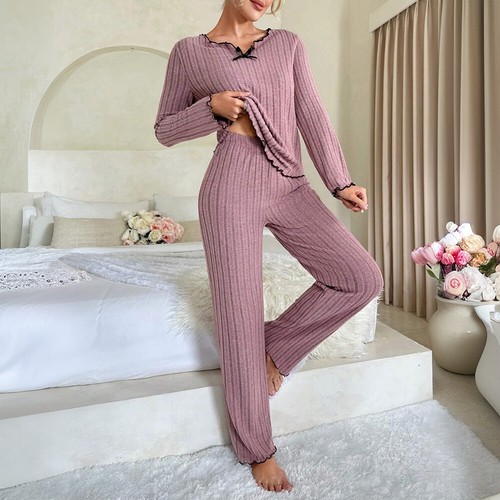 Winter Women Bow V-Neck Bow Pullover Solid Top Pants Knit Sets Outfits Sleepwear - Picture 37 of 42