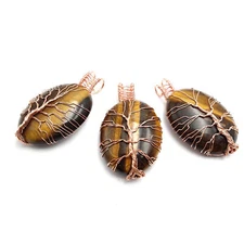 Yellow Tiger Eye Tree Pendant Copper Wire Wrap Oval Size 30x40mm Sold per Piece