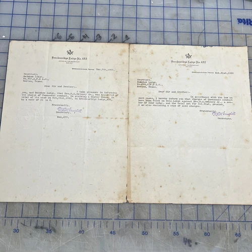Freemasonry Letters Breckinridge Lodge 492 Unmasonic Conduct Texas 1922 Masonic