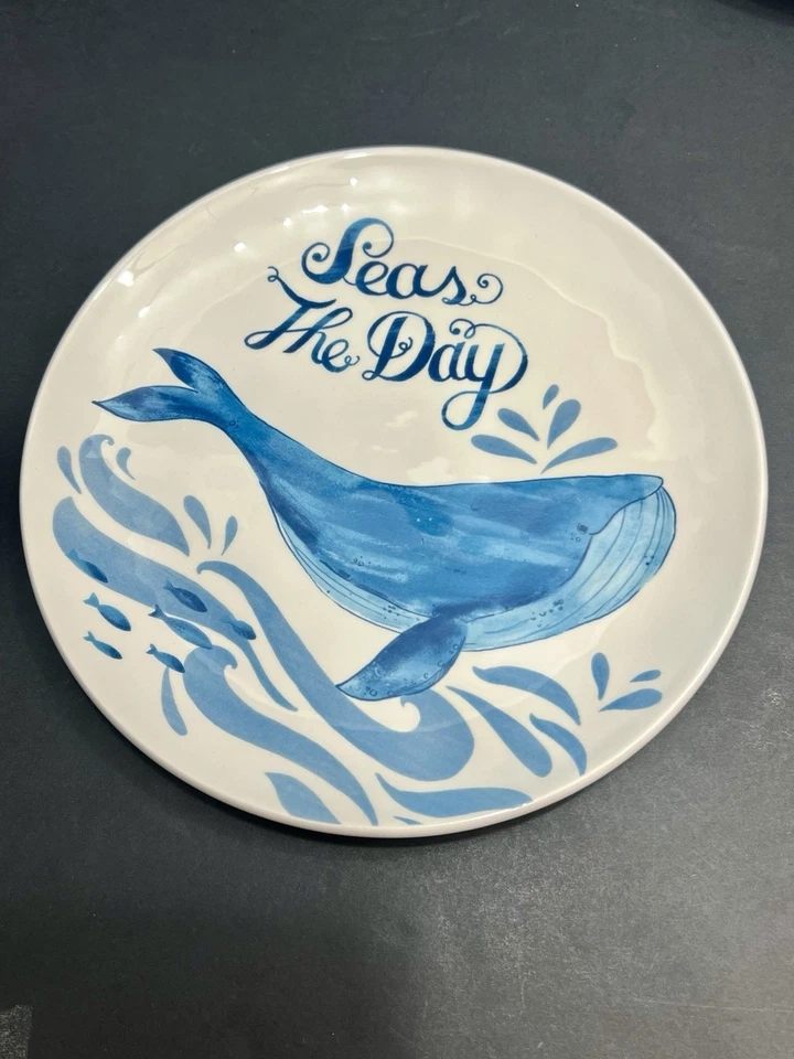 (4) Pier 1 Imports SEAS THE DAY Ironstone Whale Blue White Salad Plates 8.75” - Image 4 of 4