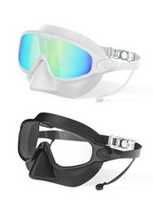 Swim Goggles Adult with Nose Cover for Men , 2 Pack Wide View Anti-Fog/UV No ...