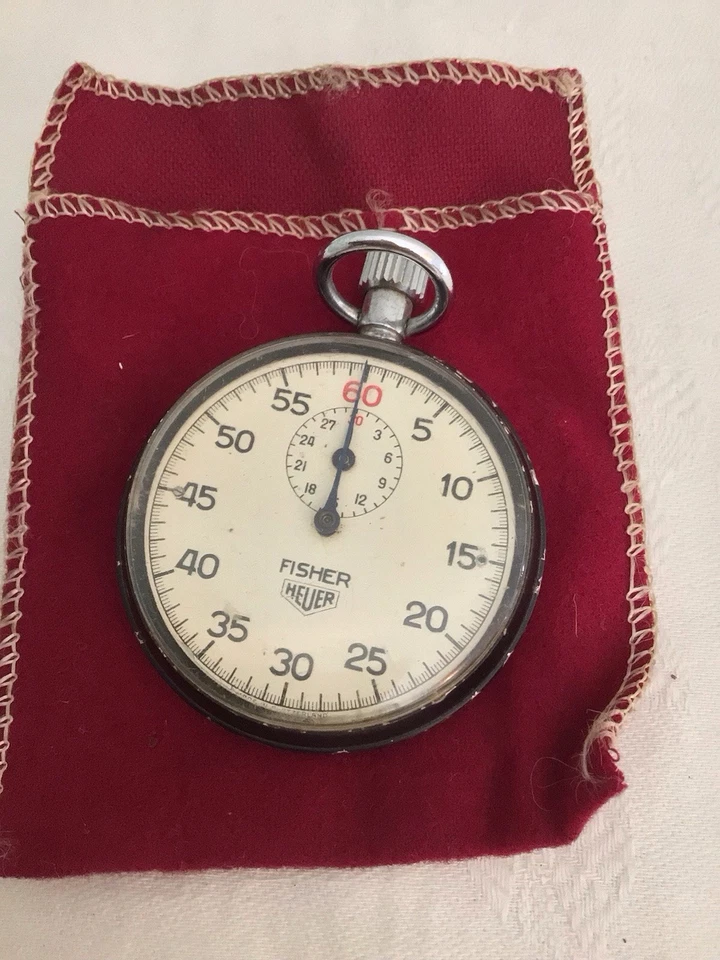 Винтажный рабочий секундомер Fisher Heuer с оригинальной мягкой сумкой для переноски - Изображение 3 из 4