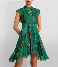 All Saints Fleur Amare Crane Asymmetrical Mini Dress Green Size 2