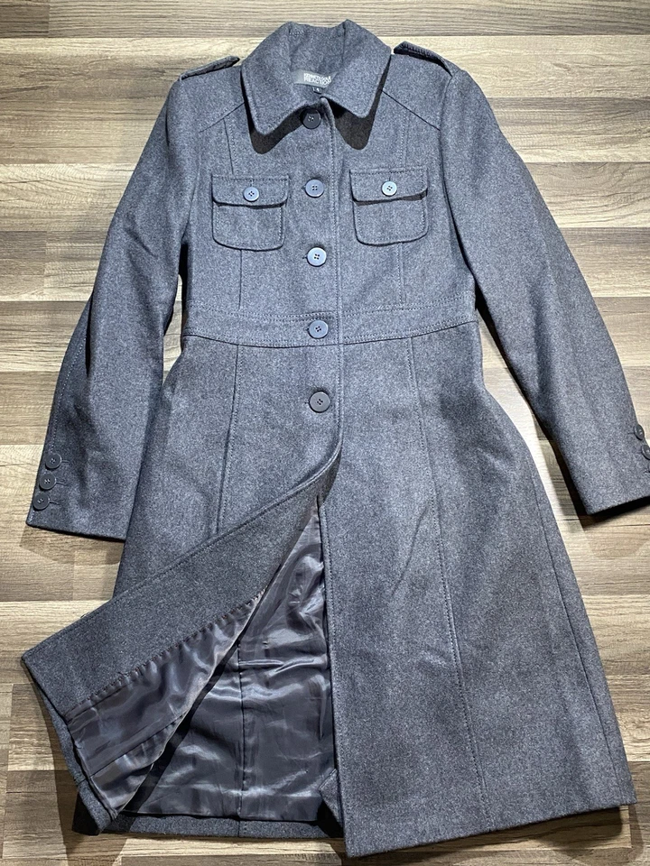 Abrigo de vestir de lana Kenneth Cole para mujer | Ajuste militar y acampanado línea A | Talla 4 gris Foto 2 de 4