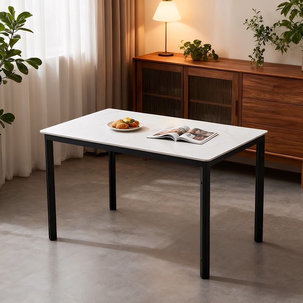 Rectangular White Marble Effect Sintered Stone Dining Table Dining Room Kitchen