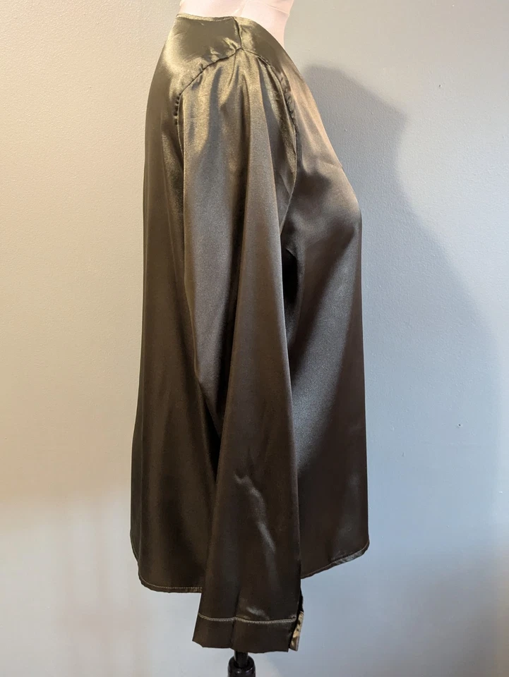 Olive Green Satin Look Blouse Size L UK 14 V Neck Top Long Sleeves Button Cuff - Image 4 of 4