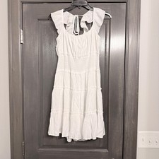 Altard State White Tiered Smocked Mini Dress XL Ruffle Sleeve Tie Back