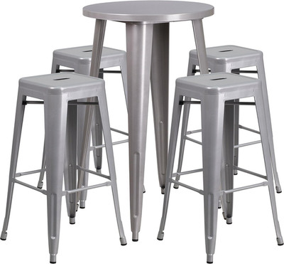 Ormsby 24'' Round Silver Metal Bar Table Set with 4 Backless Stools